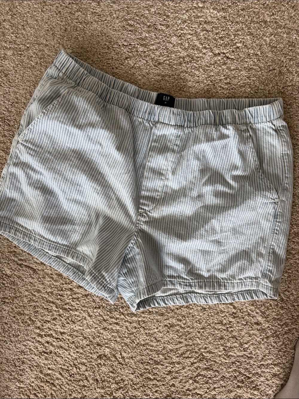 GAP Women's Light Blue & White Pinstripe Elastic Waist Jean Shorts
